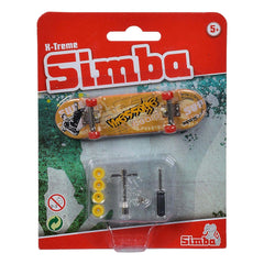Finger Skateboard X-Treme Color in vibrant yellow with accessories displayed in a colorful packaging box featuring cartoon de