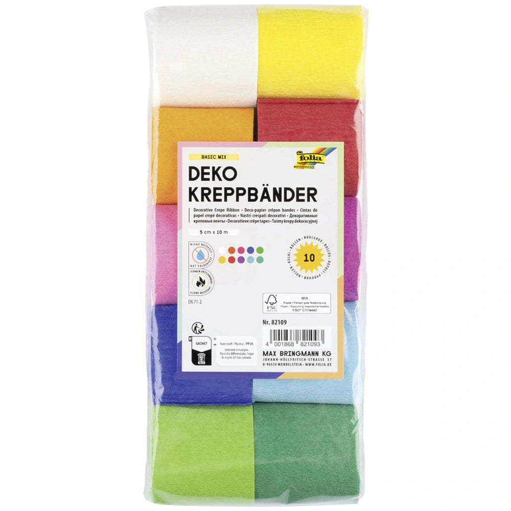Folia crepe paper ribbons pack featuring 10 colorful rolls in yellow, pink, blue, and green, wrapped in plastic.