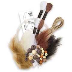 Folia Dreamcatcher Set featuring white fur, brown feathers, and various ropes in a close-up, centered layout.