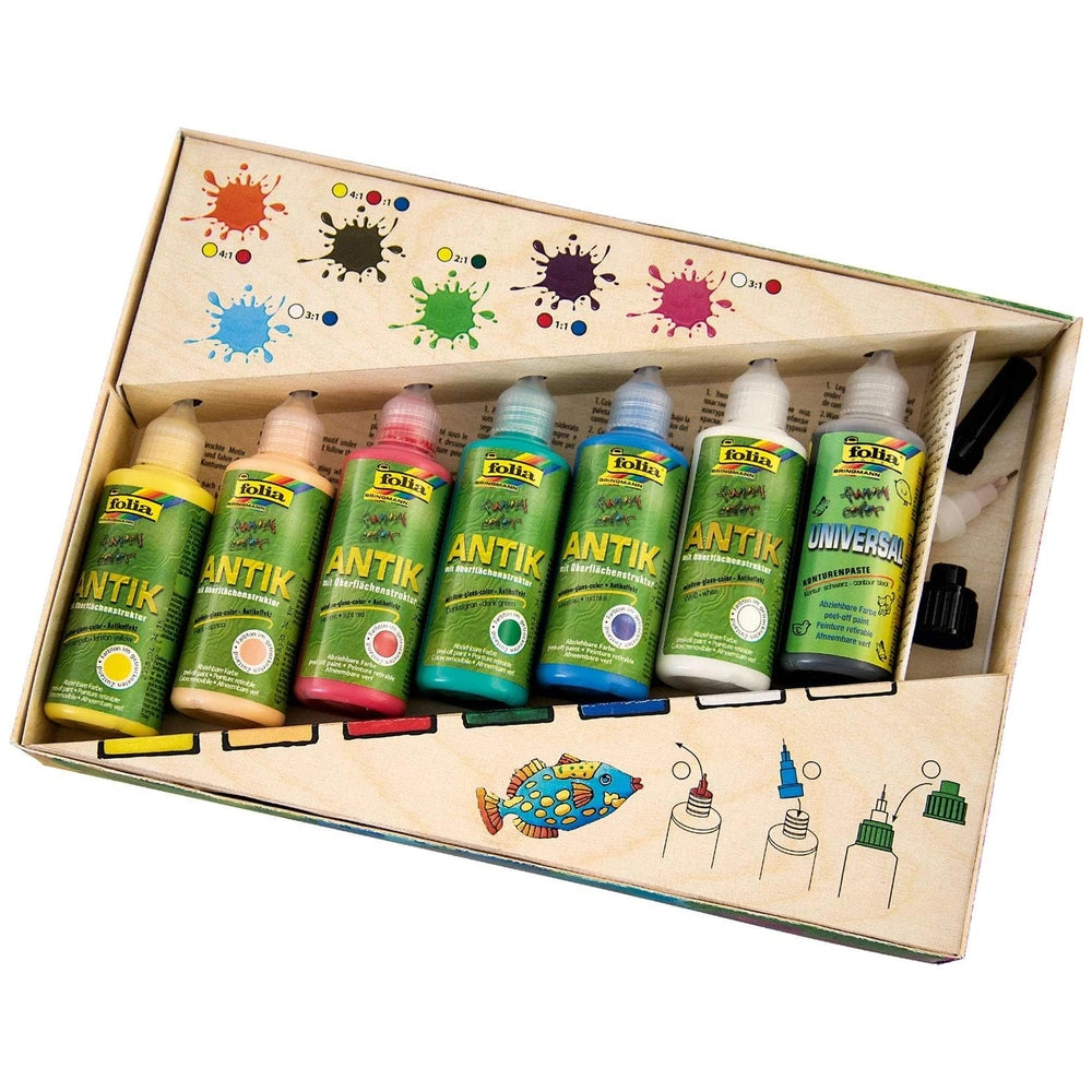 Folia Hobby Set Antik Window Color kit with six matte finish paint bottles featuring colorful fish designs on glossy labels.
