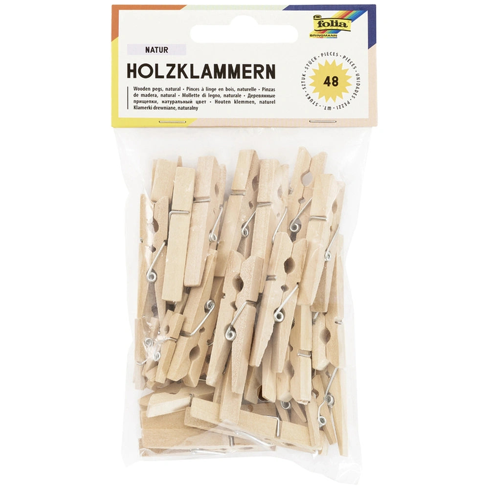 Folia wooden clips basic set of 48 pieces in natural wood displayed in plastic packaging on a white background.