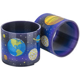 Galaxy-themed magic spring toy with a cylindrical shape, spiral design, planet illustrations, and a textured gradient of blue