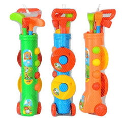 Toddler golf club play set featuring vibrant green, orange, and yellow plastic with textured surfaces and various openings.