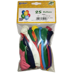 Globo assorted balloons pack of 10 with red, blue, green, yellow, and pink balloons visible through a transparent window.