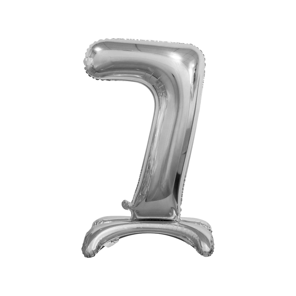 Shiny silver metallic foil balloon in the shape of the digit 7, perfect for party decorations.