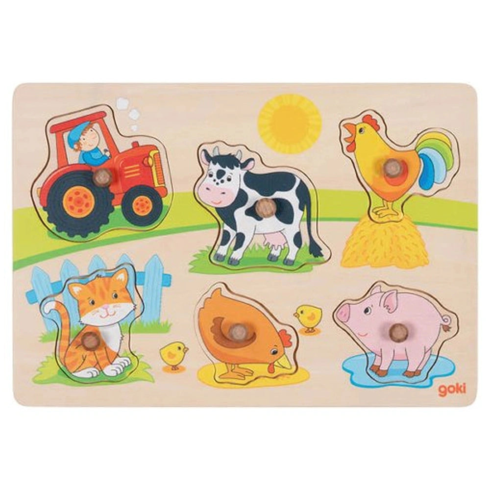GOKI Lift Out Puzzle features a light beige box with pastel animal illustrations, including a farmer in a red tractor.