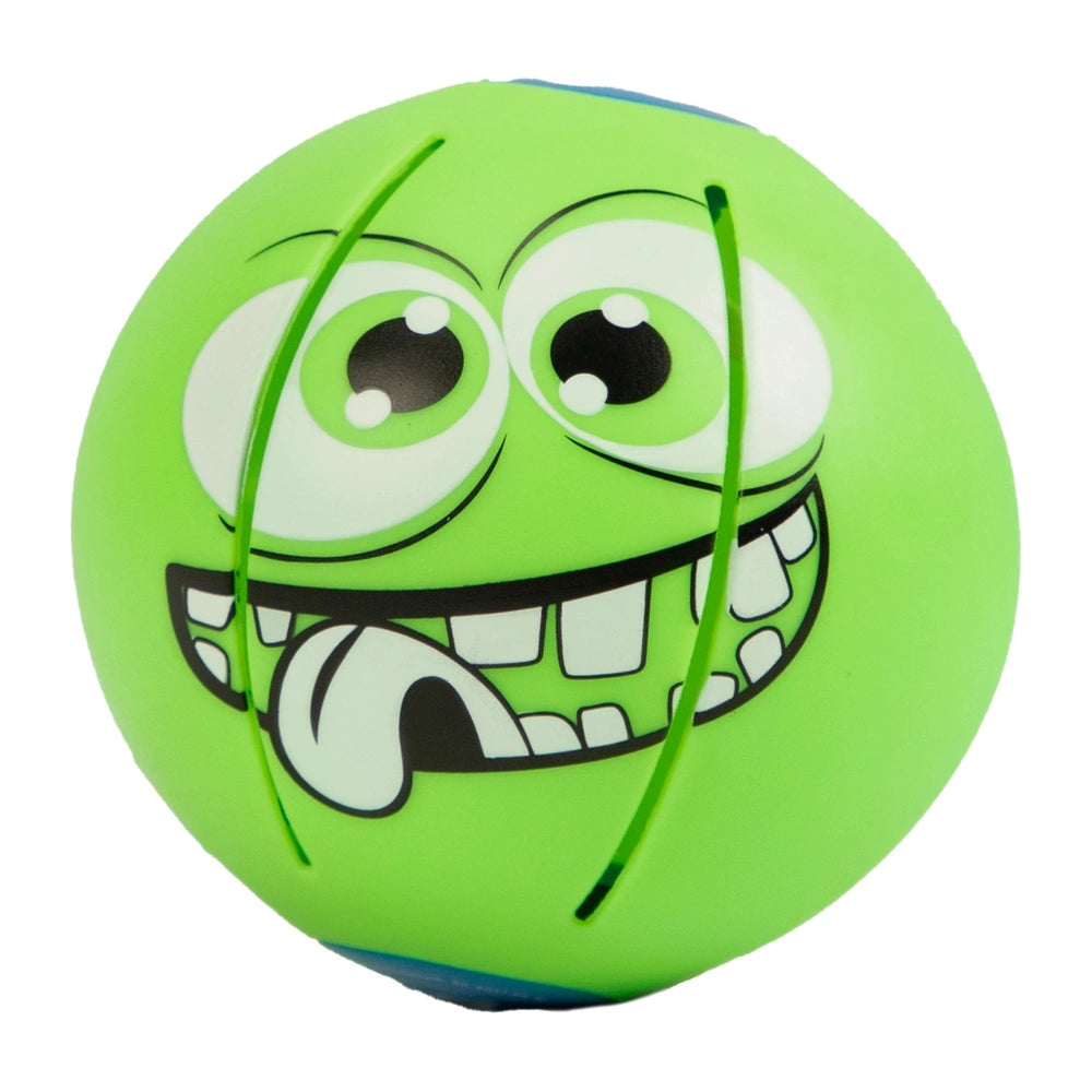 Goliath Wahu Kamuolys Phlat Ball Mini Monsters is a green round toy with white teeth, eyes, and a green strap.