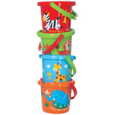 Gowi beach bucket, 18 cm, features four stacked plastic cups in red, green, orange, and blue with animal designs and flexible