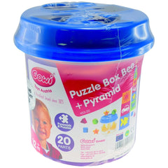 Gowi Box Bee sorting and stacking toy container with blue lid, colorful label featuring images, text, and a child illustratio