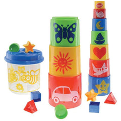 Gowi Box Bee sorting and stacking toys featuring a blue-lidded plastic container with colorful stacking pieces inside.