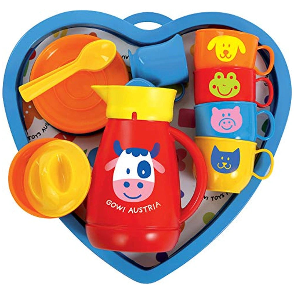 Gowi Coffee Service Lyon includes 18 colorful plastic containers with blue, yellow, red, green, and pink lids for role play.