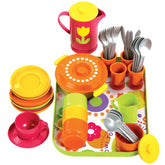 Gowi coffee service set with 40 pieces, featuring floral-patterned tray, yellow-rimmed cups, plates, bowls, and a pitcher.