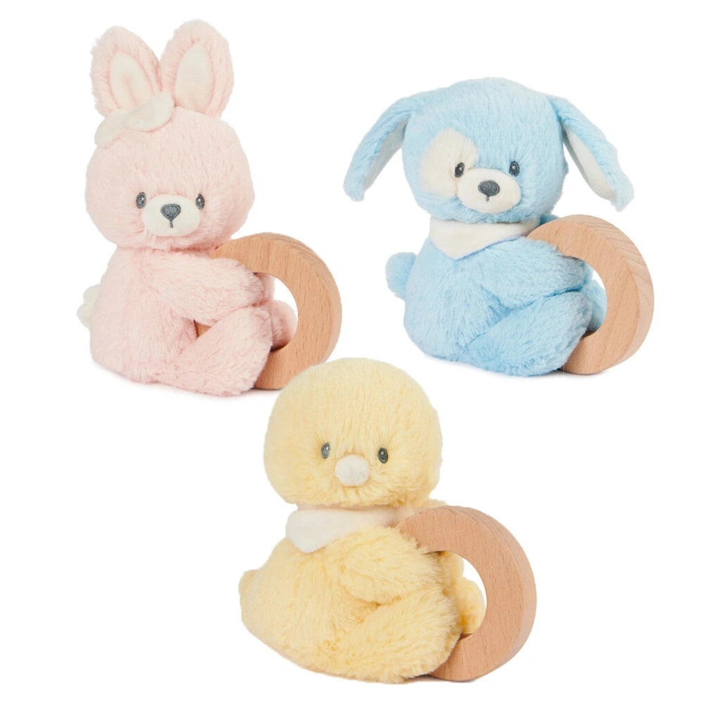 Gund Soft Animal Ring Rattle features four colorful plush toys with large eyes, sitting upright on a round wooden base.