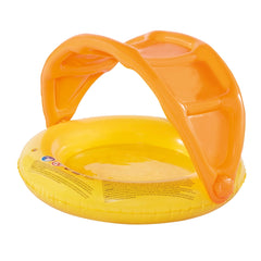 Happy People baby pool with sun canopy, glossy yellow plastic, textured surface, handle, and circular opening.