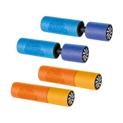 Foam Shooter Mini Pocket Liquidator features blue, orange, and yellow matte cylinders with black ends arranged centrally.
