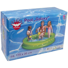Happy People Pool Galaxy packaging features three people enjoying a vibrant green pool, with a glossy blue gradient backgroun
