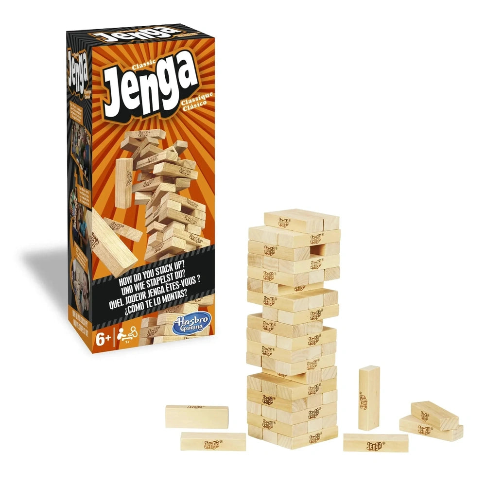 HASBRO Jenga Family Game packaging features glossy orange cardboard with printed white text, wooden blocks, and age suitabili