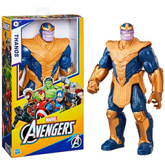 Thanos Deluxe Action Figure in a blue and gold costume with a purple face, displayed in yellow cardboard packaging.