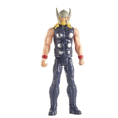 Thor action figure with muscular build, silver armor, red gloves, yellow hair, gray helmet, and blue legs against a plain bac