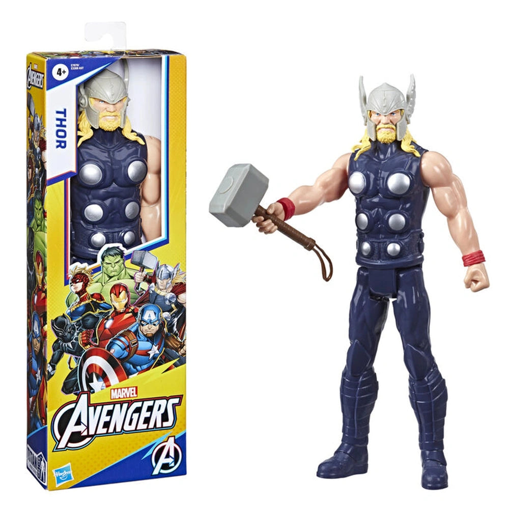 Marvel Avengers Titan Hero Thor action figure in glossy packaging with blue logo, red hammer, and yellow background.