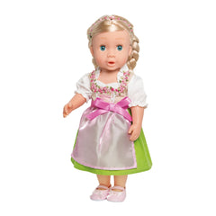 Heless Dirndl Heidi doll features blonde hair, blue eyes, a pink and white dress, green apron, and pink shoes.