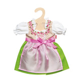 Heless Dirndl Heidi doll dress features a pink bodice, white collar, lace trim, and green skirt with a pink bow at the waist.