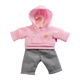 Heless jogging tracksuit for dolls, featuring a pink hoodie with zipper and orange tag, gray pants with pocket and white tag.