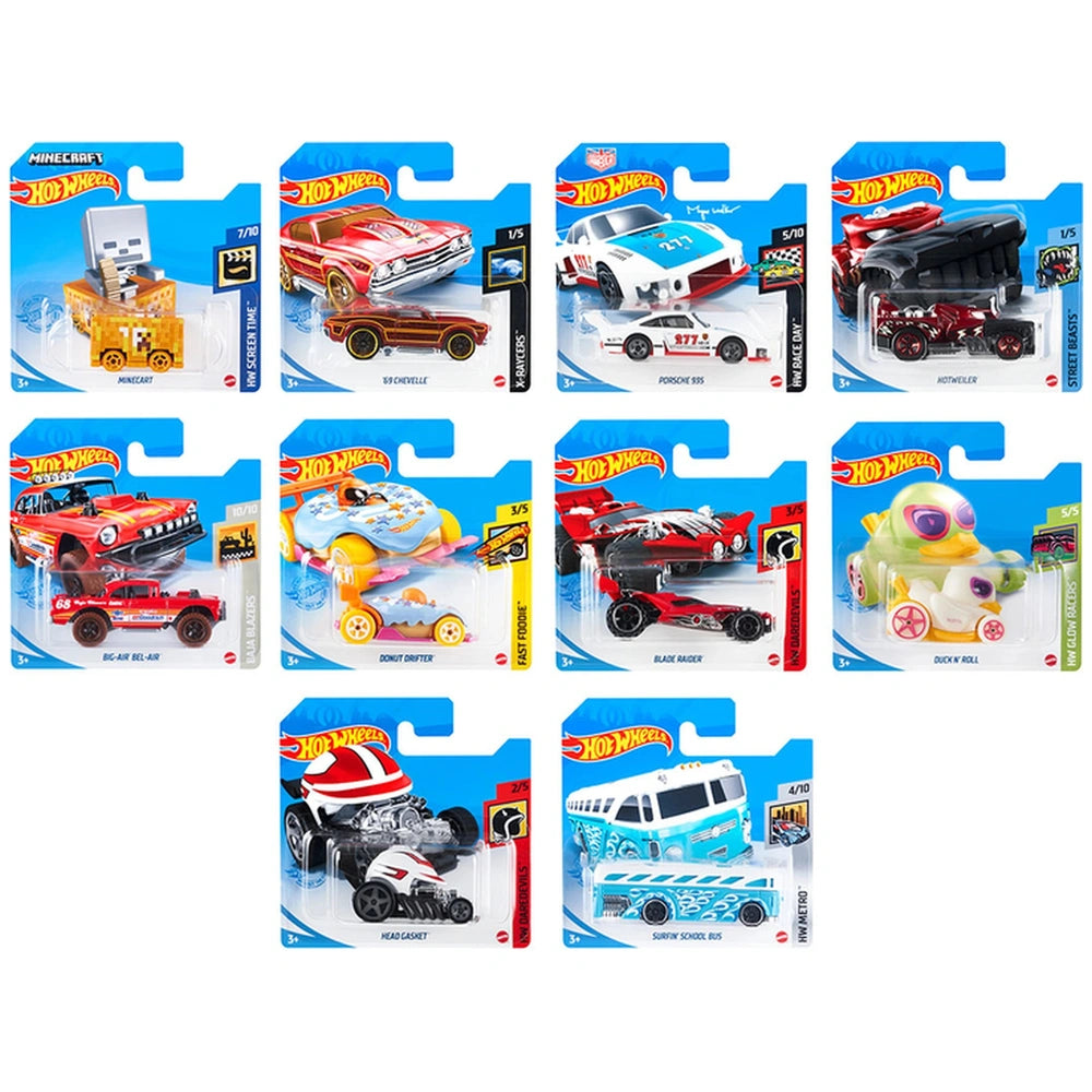 Hot Wheels HW Racing Track Pack features four colorful die-cast vehicles in glossy plastic and matte cardboard packaging.