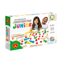 Box of Alexander Constructor Junior toys, featuring two children smiling, colorful screws, connectors, and wooden boards for construction.
