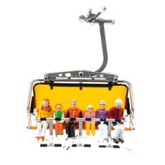 Jagerndorfer model features six seated figurines in colorful jackets on a yellow seat with a silver frame and orange backrest
