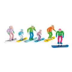 Jagerndorfer model features six colorful snowboards with matching feet, arranged in a line on a smooth surface.