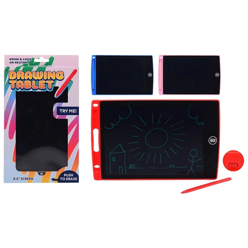 Johntoy Drawing Tablet Playset in red with black screen and stylus, packaged in glossy white with colorful design.