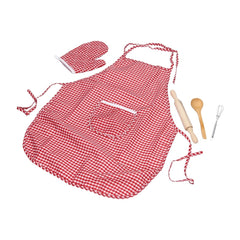 Johntoy Chef Playset Deluxe features a red and white checkered apron, oven mitts, a wooden rolling pin, and a metal whisk.