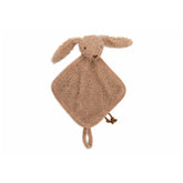 Jollein pacifier cloth bunny in soft light brown plush fabric, featuring two ears, eyes, and a visible brown paw and tail.