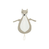 Jollein pacifier cloth fox made of gray knitted fabric with a white belly and gray paws, featuring lighter gray ears.