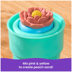 Kinetic Sand Squish Blossom is a pink and yellow flower toy encircled by a blue ring, promoting color mixing fun.