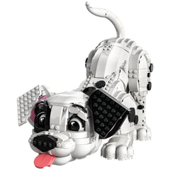 LEGO construction set features a white dog with black and pink accents, made of interconnected bricks, looking to the left.