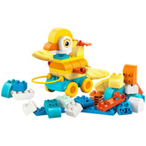 LEGO 3in1 Animals on Wheels set features a colorful character with a yellow body, white head, and blue hat on a yellow basepl