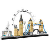 LEGO model of the London skyline featuring Big Ben, London Bridge, and the River Thames against a white background.