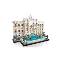 Lego Architecture Trevi Fountain model features a classical building with columns, a detailed fountain, and vibrant blue tile