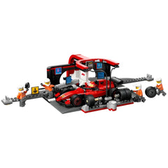 LEGO® City F1® Pit Stop set featuring a red Ferrari race car, four orange-clad pit crew minifigures, and a detailed pit stop scene with tools and screens, designed for imaginative play.
