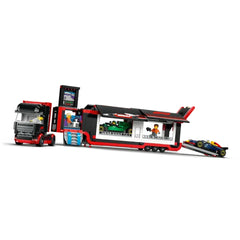 LEGO City F1 Truck featuring a black and red transport truck with a detachable trailer, displaying RB20 and AMR24 F1 cars, and minifigures, designed for creative play.