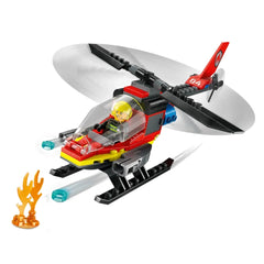 LEGO City Fire Rescue Helicopter in red and black, featuring spinning rotors, a pilot minifigure, and water element launchers, alongside a flame piece.