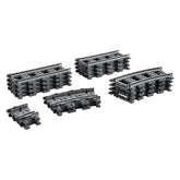 Set of LEGO® train tracks including 8 straight, 4 curved, and 8 flexible pieces, in assorted gray tones, ready for building.