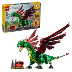 LEGO Creator Medieval Dragon construction set showcases a vibrant green dragon with red wings, three movable parts, and a detailed base.