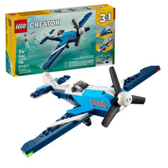 LEGO® Creator 3in1 Race Plane set featuring a vibrant blue and white aircraft with rotating propeller and movable wheels, displayed alongside the colorful box packaging.