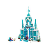 Elsa's Ice Palace construction set features a stunning three-level ice palace in shades of blue and white, with a balcony and icy spires. Characters include Elsa, Anna, Olaf, and an animal companion beside a sled.