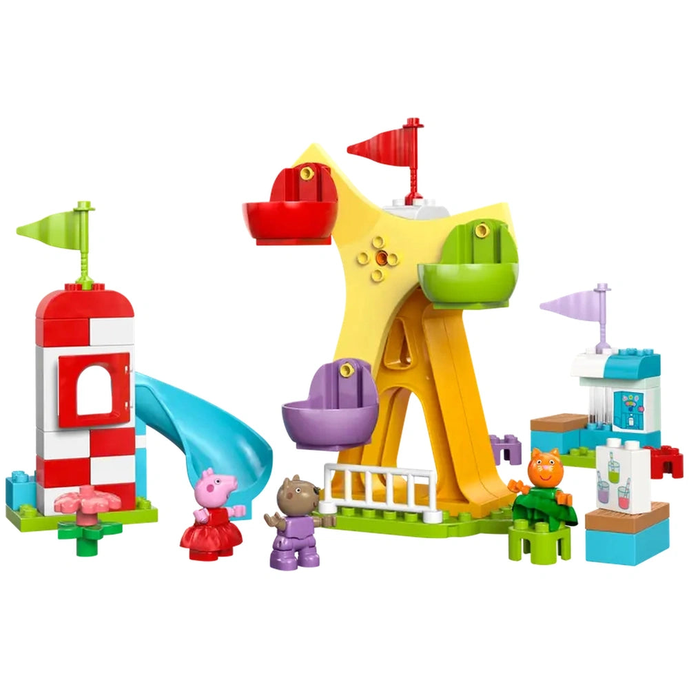 Colorful LEGO® DUPLO® Peppa Pig Funfair set featuring a Ferris wheel with four seats, a blue slide, and figures of Peppa Pig, Candy Cat, and Danny Dog.