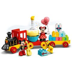 Colorful LEGO® DUPLO® Mickey & Minnie Birthday Train set featuring Mickey and Minnie with a birthday cupcake and gifts, promoting playful learning.