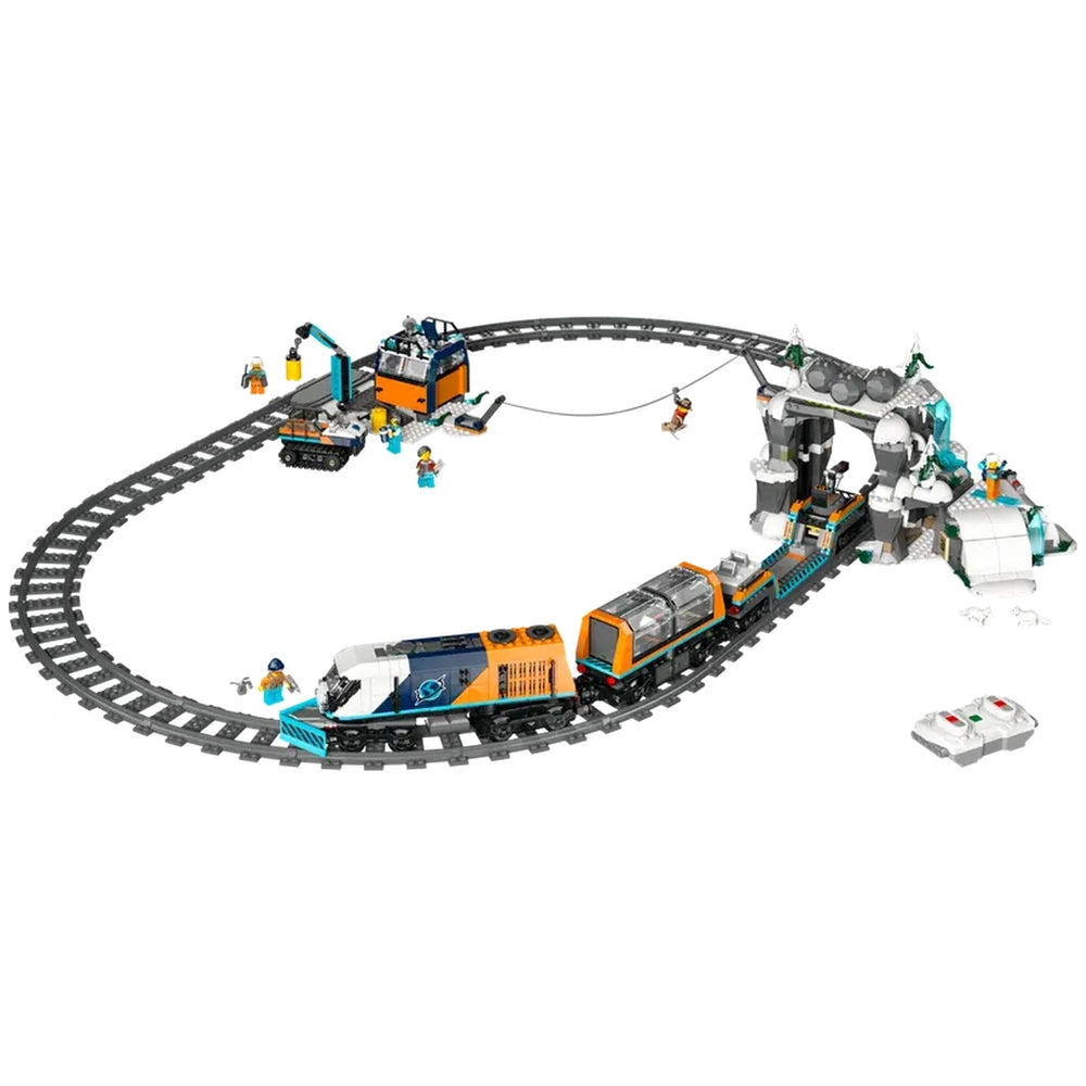 LEGO® Explorers' Arctic Polar Express Train set features a colorful train on curved tracks, surrounded by snowy scenery, a mountain tunnel, and playful minifigures engaging in activities.